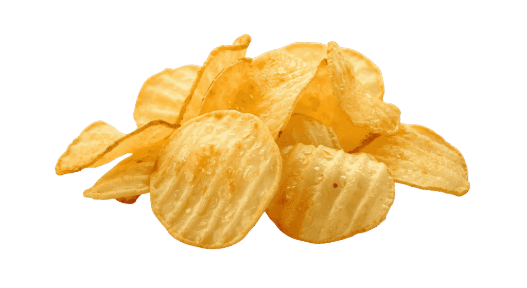 A small pile of golden ridged potato chips, lightly salted, on a muted teal background