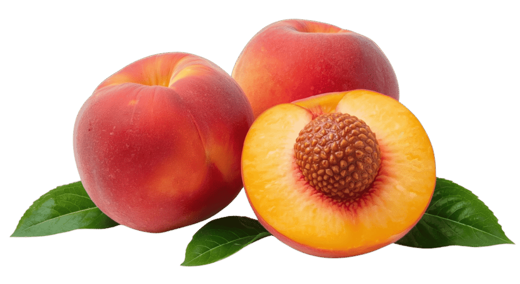Two whole ripe peaches and one halved peach showing the pit and yellow flesh, resting on green leaves against a plain background.