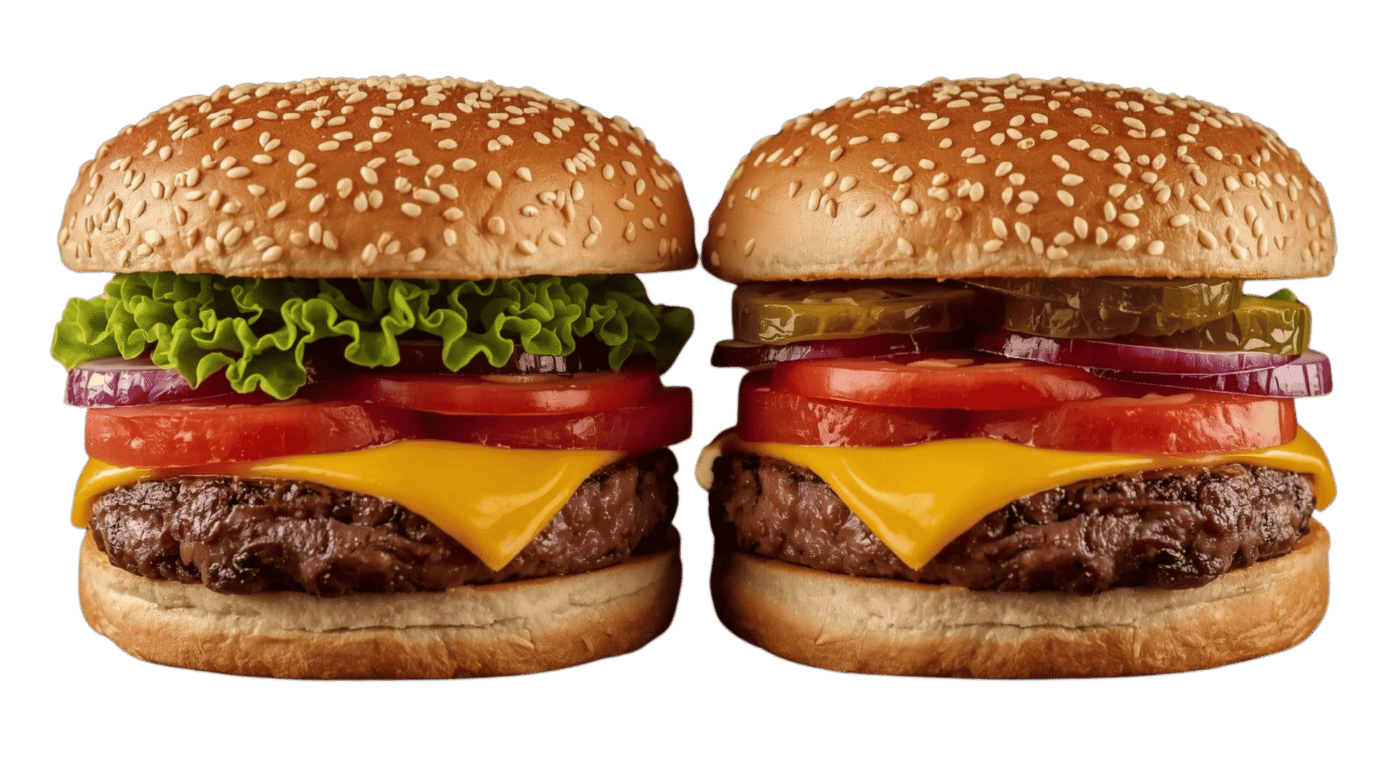 Two cheeseburgers side by side on a solid teal background