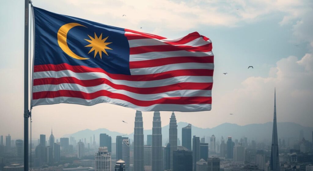 Malaysian flag waving in the foreground with Kuala Lumpur skyline and Petronas Twin Towers under a hazy sky with birds flying.