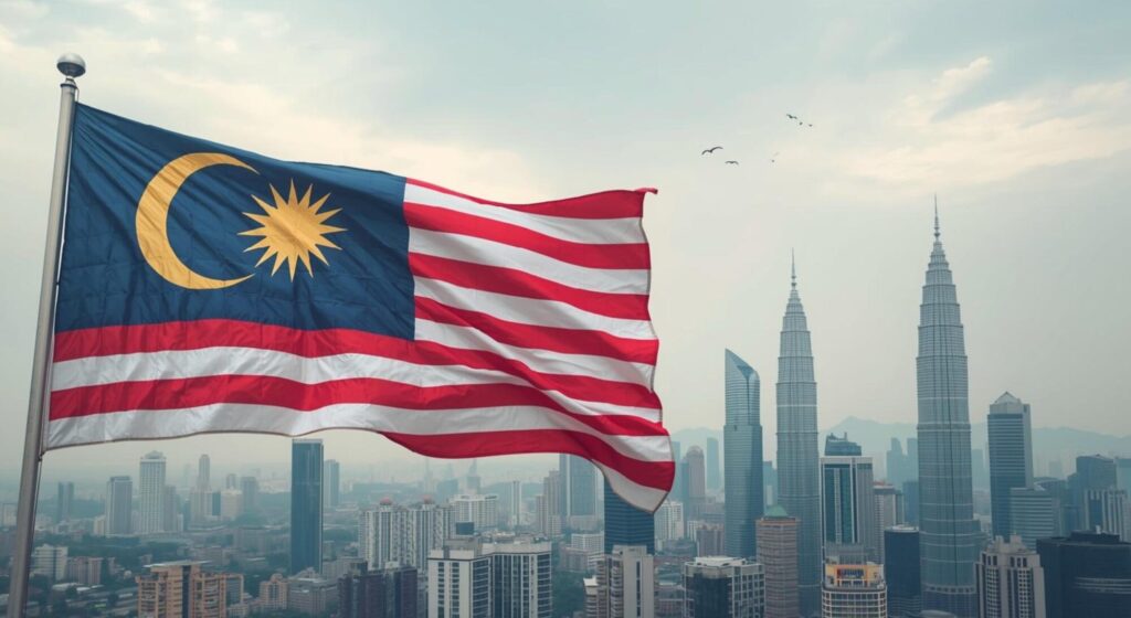 Malaysian flag waving in the foreground with Kuala Lumpur skyline and Petronas Twin Towers under a hazy sky with birds flying.
