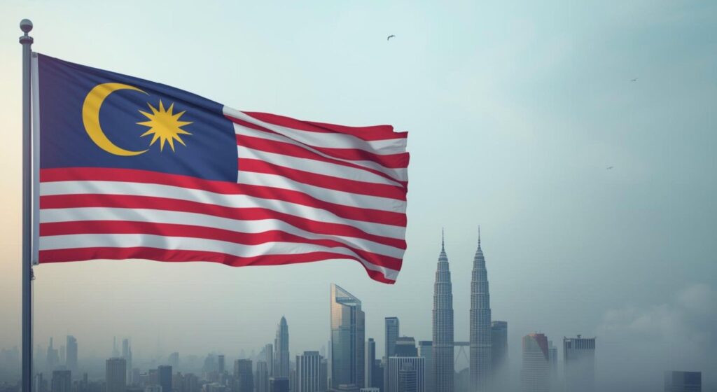 Malaysian flag waving in the foreground with Kuala Lumpur skyline and Petronas Twin Towers under a hazy sky with birds flying.
