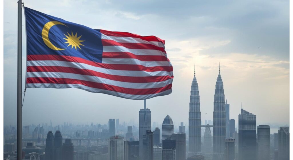 Malaysian flag waving in the foreground with Kuala Lumpur skyline and Petronas Twin Towers under a hazy sky with birds flying.
