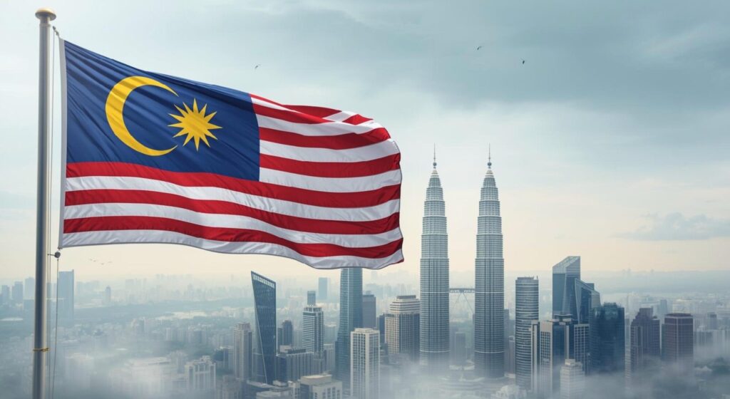 Malaysian flag waving in the foreground with Kuala Lumpur skyline and Petronas Twin Towers under a hazy sky with birds flying.