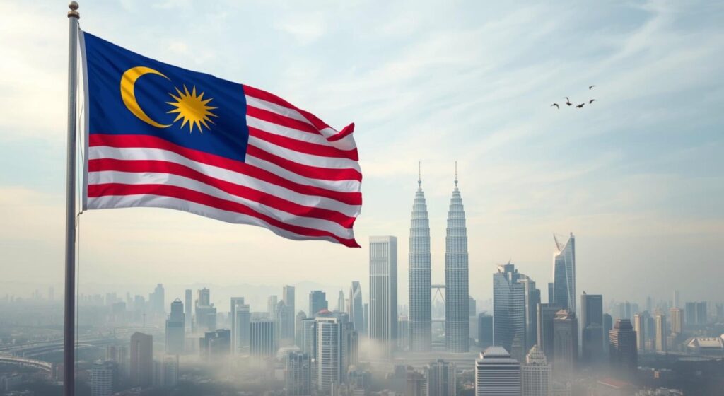 Malaysian flag waving in the foreground with Kuala Lumpur skyline and Petronas Twin Towers under a hazy sky with birds flying.