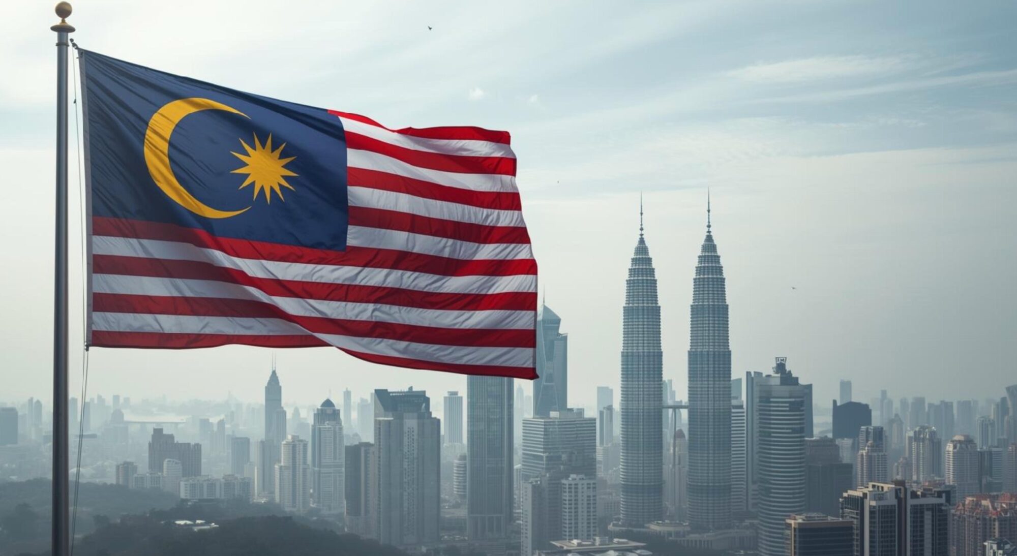 Malaysian flag waving in the foreground with Kuala Lumpur skyline and Petronas Twin Towers under a hazy sky with birds flying.