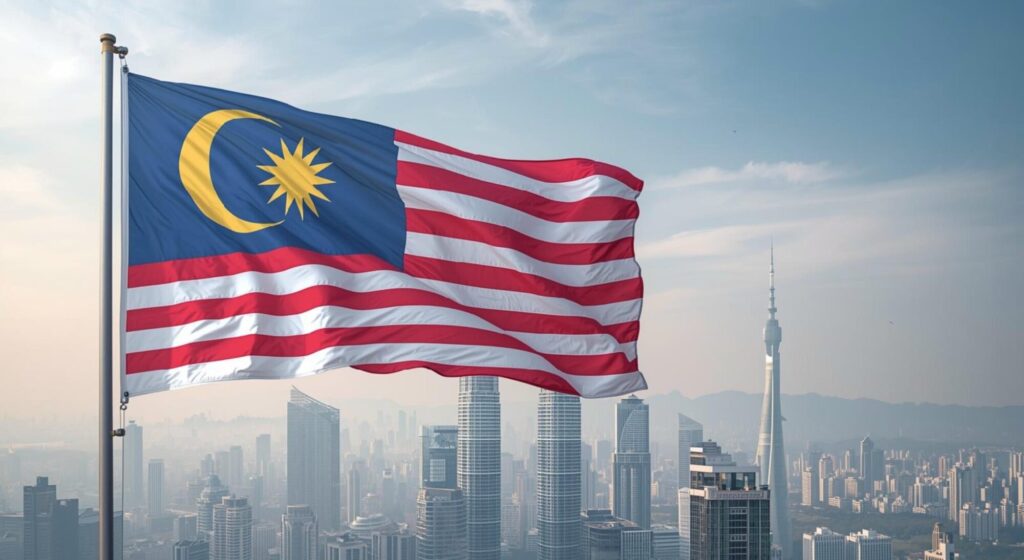 Malaysian flag waving in the foreground with Kuala Lumpur skyline and Petronas Twin Towers under a hazy sky with birds flying.