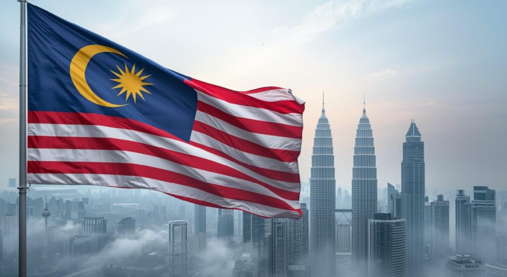 Malaysian flag waving in the foreground with Kuala Lumpur skyline and Petronas Twin Towers under a hazy sky with birds flying.