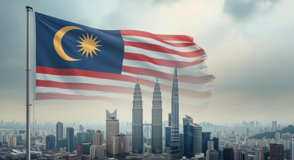 Malaysian flag waving in the foreground with Kuala Lumpur skyline and Petronas Twin Towers under a hazy sky with birds flying.