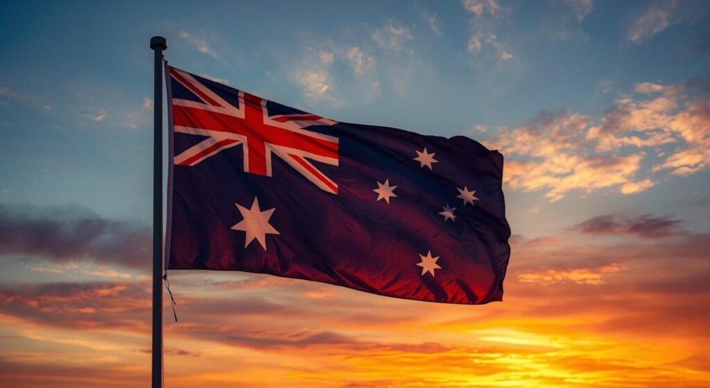 Australian national flag of Australia waving on a flagpole against a colorful sunset sky.