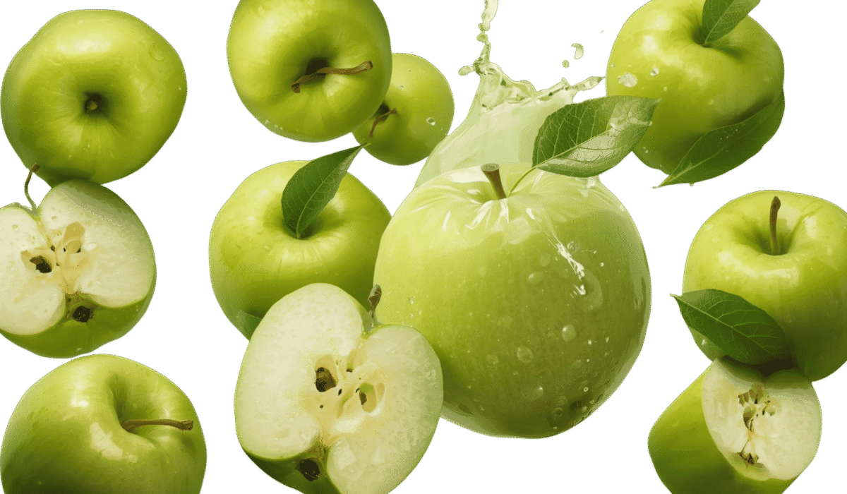 “Fresh green apples with sliced halves and water splash, isolated on a transparent background.”
