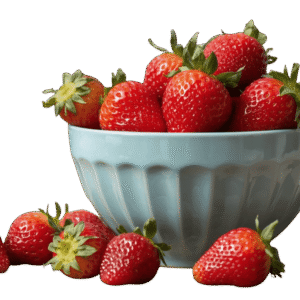 <a href="https://artistryavenue.click/wp-content/uploads/2026/01/1-119.png" download class="fg-overlay-download">⇩</a> A light blue ceramic bowl filled with ripe red strawberries, with a few strawberries scattered beside it on a muted teal background.