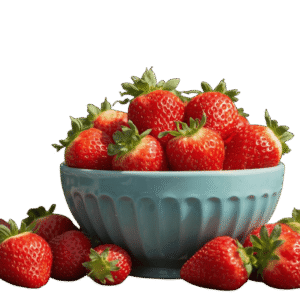 <a href="https://artistryavenue.click/wp-content/uploads/2026/01/1-124.png" download class="fg-overlay-download">⇩</a> A light blue ceramic bowl filled with ripe red strawberries, with a few strawberries scattered beside it on a muted teal background.