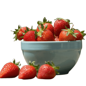 <a href="https://artistryavenue.click/wp-content/uploads/2026/01/1-127.png" download class="fg-overlay-download">⇩</a> A light blue ceramic bowl filled with ripe red strawberries, with a few strawberries scattered beside it on a muted teal background.