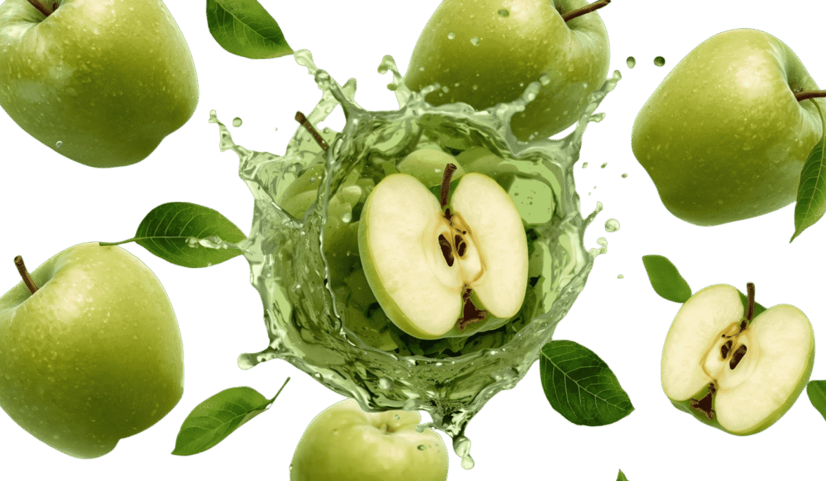 “Fresh green apples with sliced halves and water splash, isolated on a transparent background.”