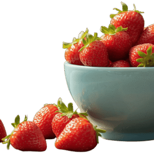 <a href="https://artistryavenue.click/wp-content/uploads/2026/01/1-130.png" download class="fg-overlay-download">⇩</a> A light blue ceramic bowl filled with ripe red strawberries, with a few strawberries scattered beside it on a muted teal background.