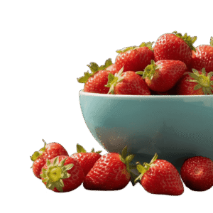 <a href="https://artistryavenue.click/wp-content/uploads/2026/01/1-132.png" download class="fg-overlay-download">⇩</a> A light blue ceramic bowl filled with ripe red strawberries, with a few strawberries scattered beside it on a muted teal background.