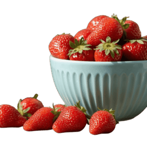<a href="https://artistryavenue.click/wp-content/uploads/2026/01/1-135.png" download class="fg-overlay-download">⇩</a> A light blue ceramic bowl filled with ripe red strawberries, with a few strawberries scattered beside it on a muted teal background.