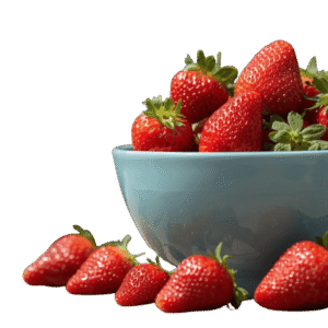 <a href="https://artistryavenue.click/wp-content/uploads/2026/01/1-138.png" download class="fg-overlay-download">⇩</a> A light blue ceramic bowl filled with ripe red strawberries, with a few strawberries scattered beside it on a muted teal background.