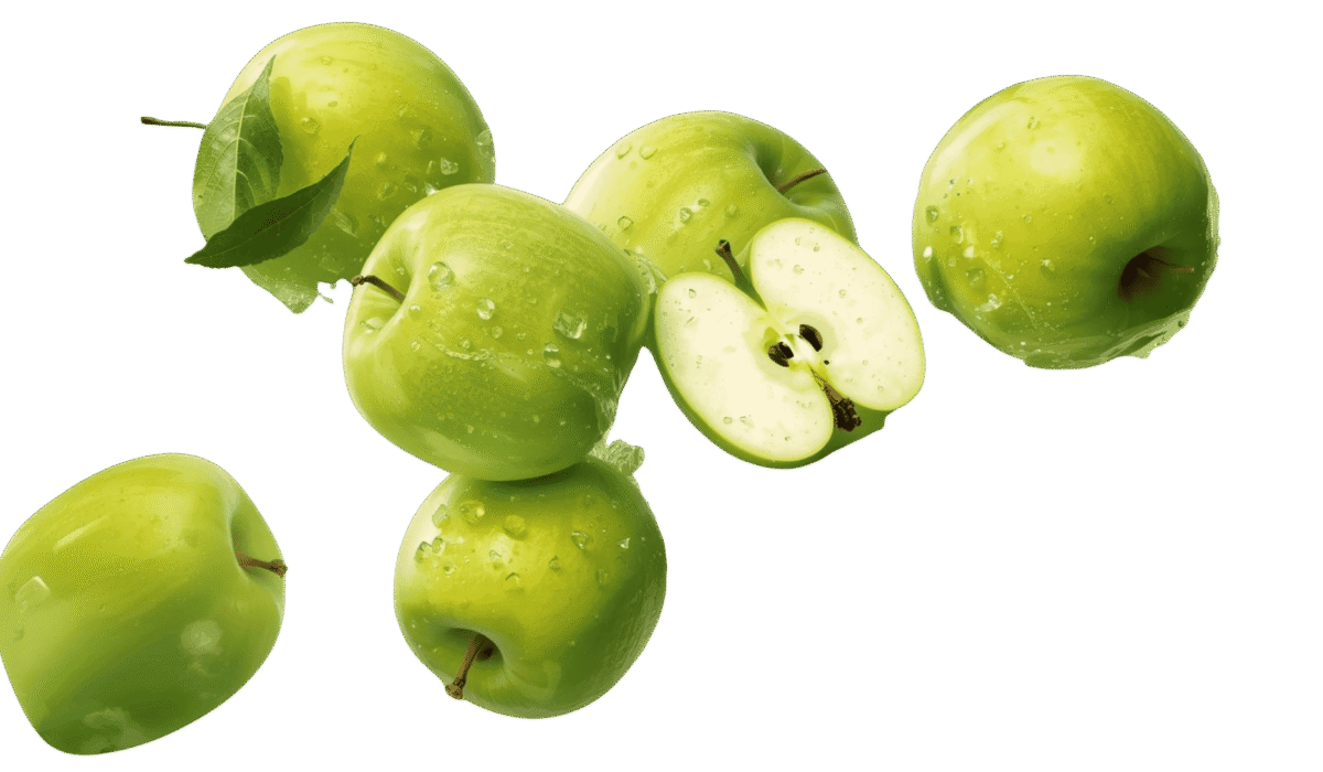 “Fresh green apples with sliced halves and water splash, isolated on a transparent background.”