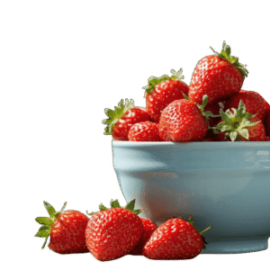 <a href="https://artistryavenue.click/wp-content/uploads/2026/01/1-140.png" download class="fg-overlay-download">⇩</a> A light blue ceramic bowl filled with ripe red strawberries, with a few strawberries scattered beside it on a muted teal background.