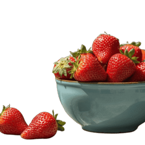 <a href="https://artistryavenue.click/wp-content/uploads/2026/01/1-147.png" download class="fg-overlay-download">⇩</a> A light blue ceramic bowl filled with ripe red strawberries, with a few strawberries scattered beside it on a muted teal background.