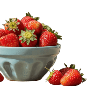 <a href="https://artistryavenue.click/wp-content/uploads/2026/01/1-151.png" download class="fg-overlay-download">⇩</a> A light blue ceramic bowl filled with ripe red strawberries, with a few strawberries scattered beside it on a muted teal background.