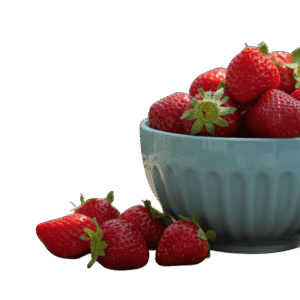 <a href="https://artistryavenue.click/wp-content/uploads/2026/01/1-152.png" download class="fg-overlay-download">⇩</a> A light blue ceramic bowl filled with ripe red strawberries, with a few strawberries scattered beside it on a muted teal background.