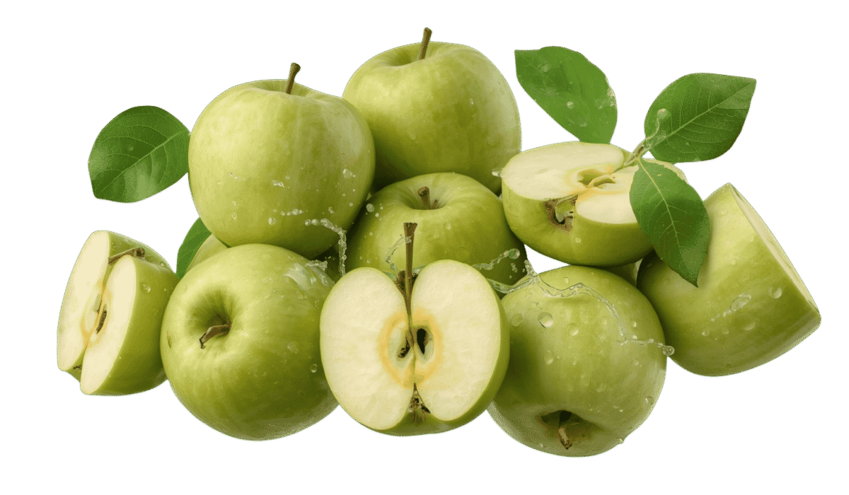 “Fresh green apples with sliced halves and water splash, isolated on a transparent background.”