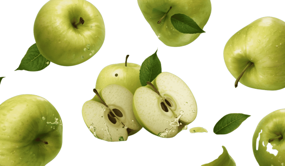 “Fresh green apples with sliced halves and water splash, isolated on a transparent background.”