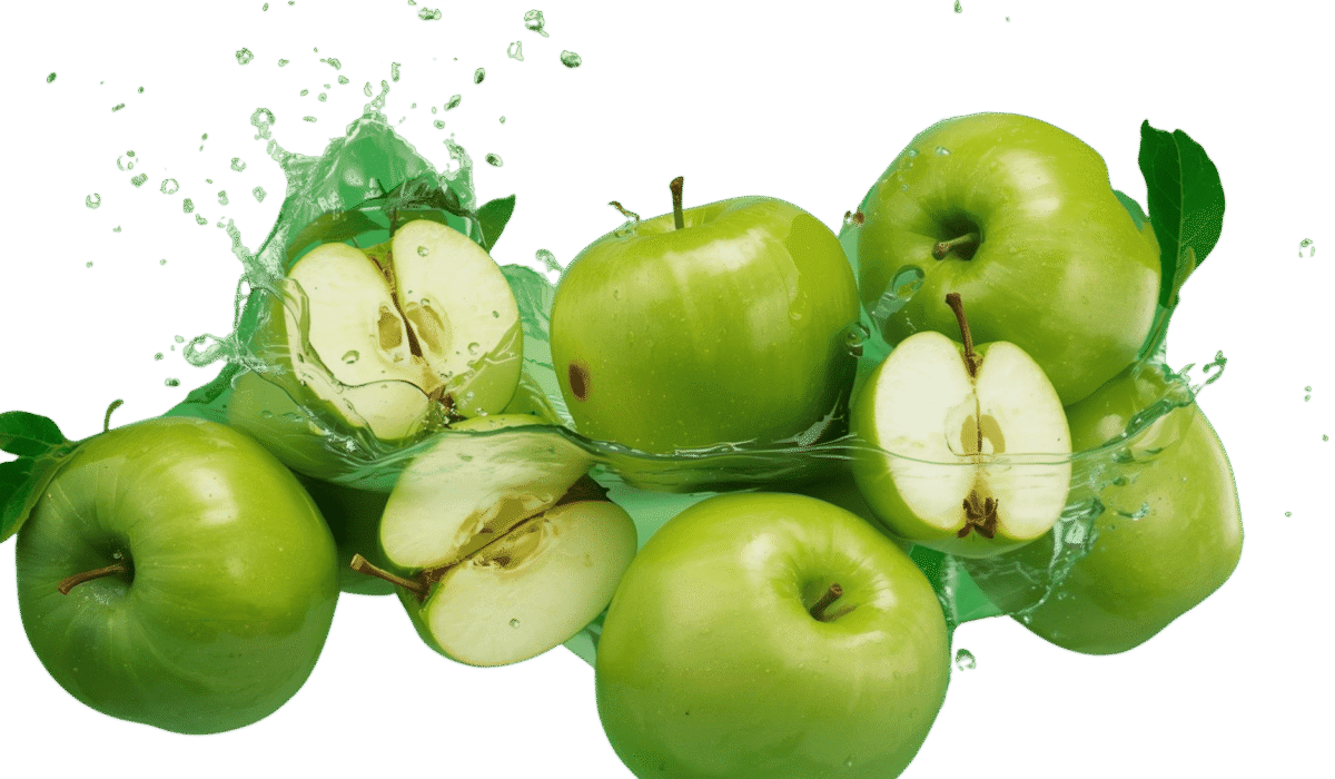 “Fresh green apples with sliced halves and water splash, isolated on a transparent background.”