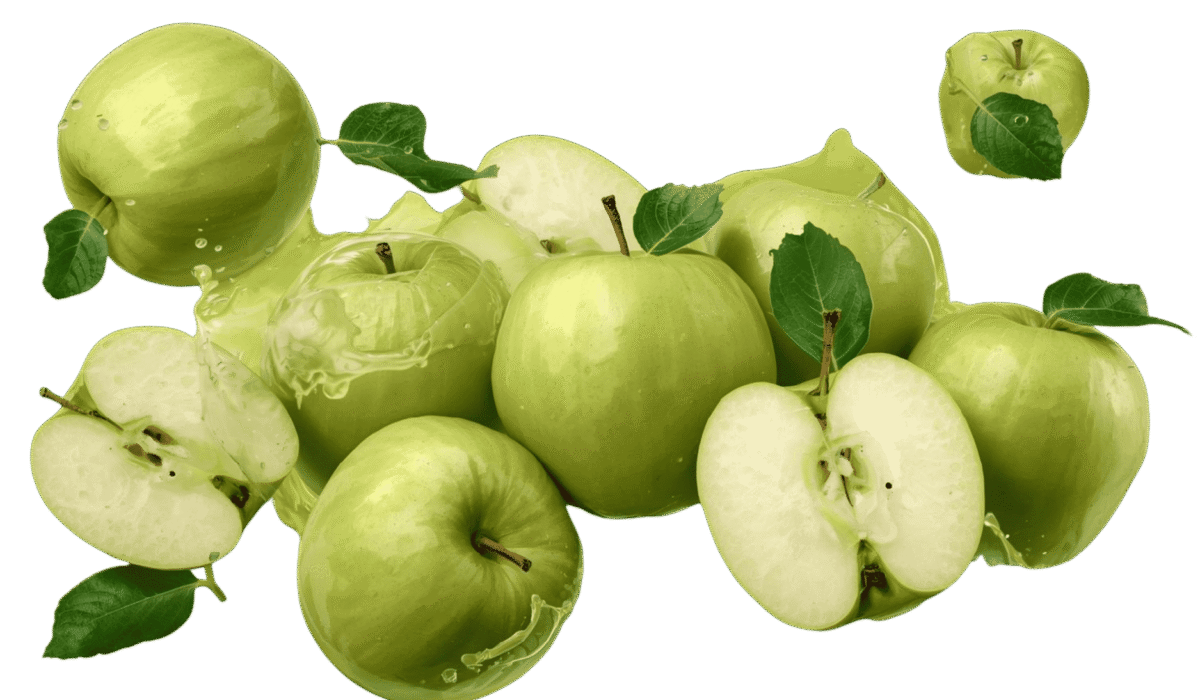 “Fresh green apples with sliced halves and water splash, isolated on a transparent background.”