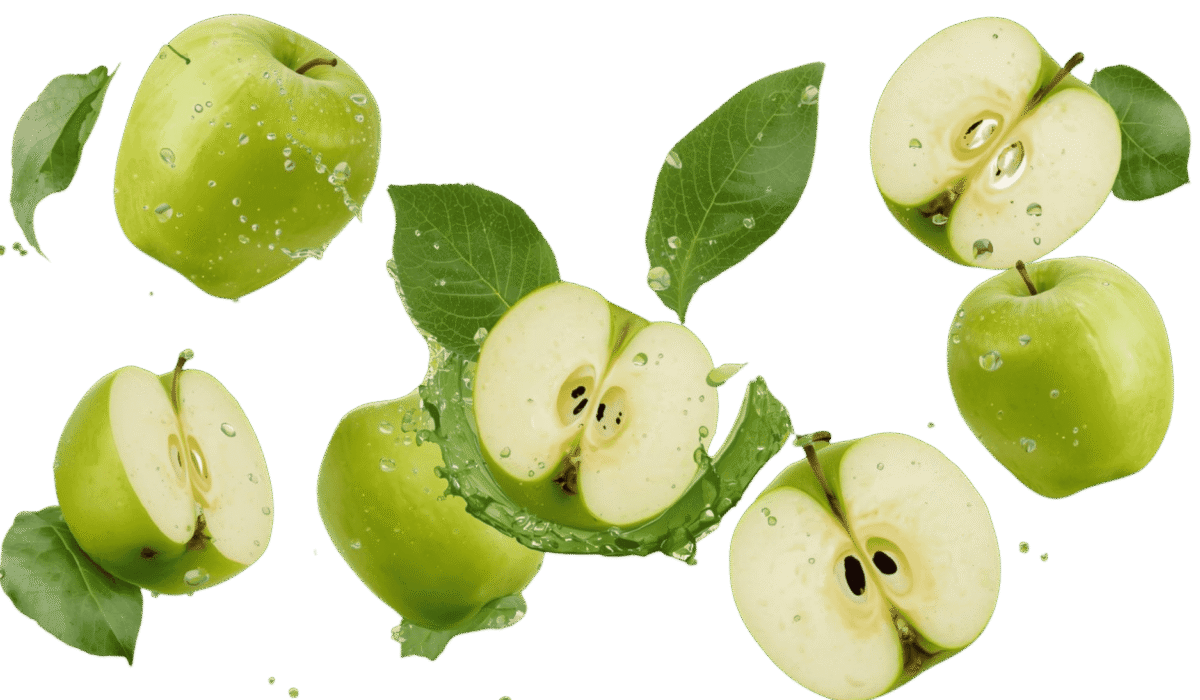 “Fresh green apples with sliced halves and water splash, isolated on a transparent background.”