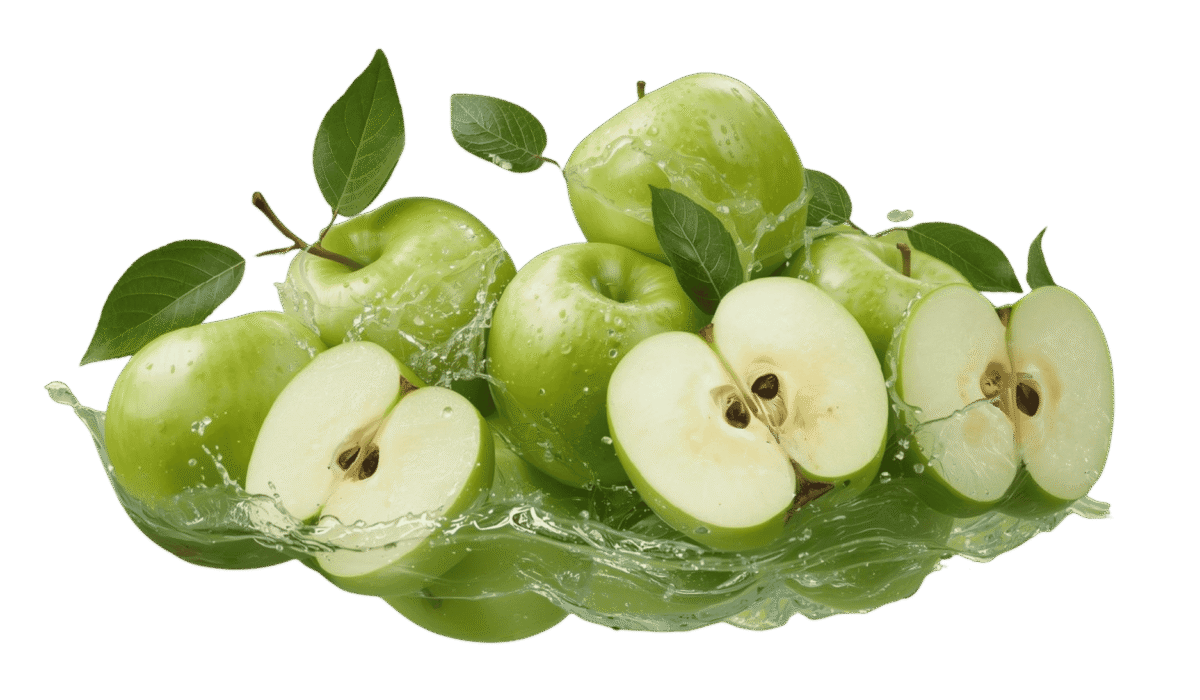 “Fresh green apples with sliced halves and water splash, isolated on a transparent background.”