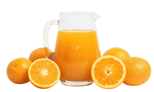 A clear glass pitcher filled with orange juice, surrounded by whole and halved fresh oranges on a solid teal background.