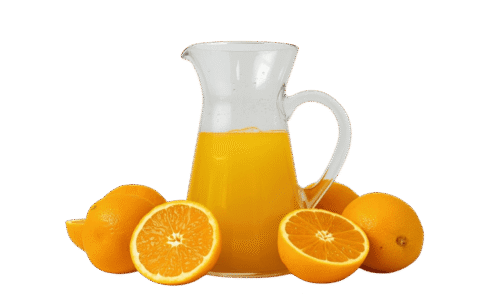 A clear glass pitcher filled with orange juice, surrounded by whole and halved fresh oranges on a solid teal background.