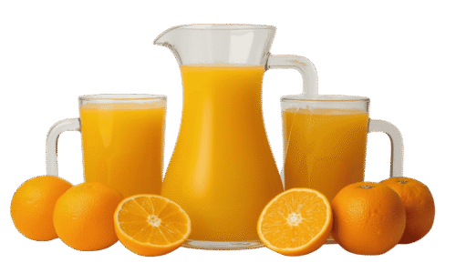 A clear glass pitcher filled with orange juice, surrounded by whole and halved fresh oranges on a solid teal background.