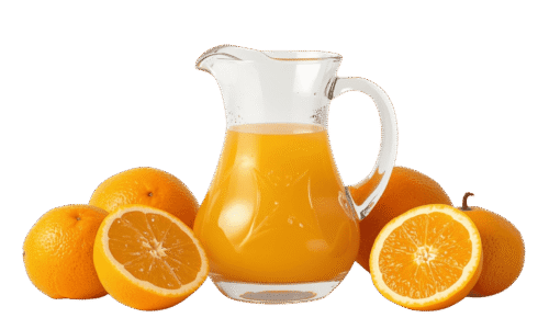 A clear glass pitcher filled with orange juice, surrounded by whole and halved fresh oranges on a solid teal background.