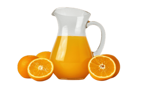 A clear glass pitcher filled with orange juice, surrounded by whole and halved fresh oranges on a solid teal background.