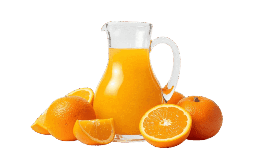 A clear glass pitcher filled with orange juice, surrounded by whole and halved fresh oranges on a solid teal background.