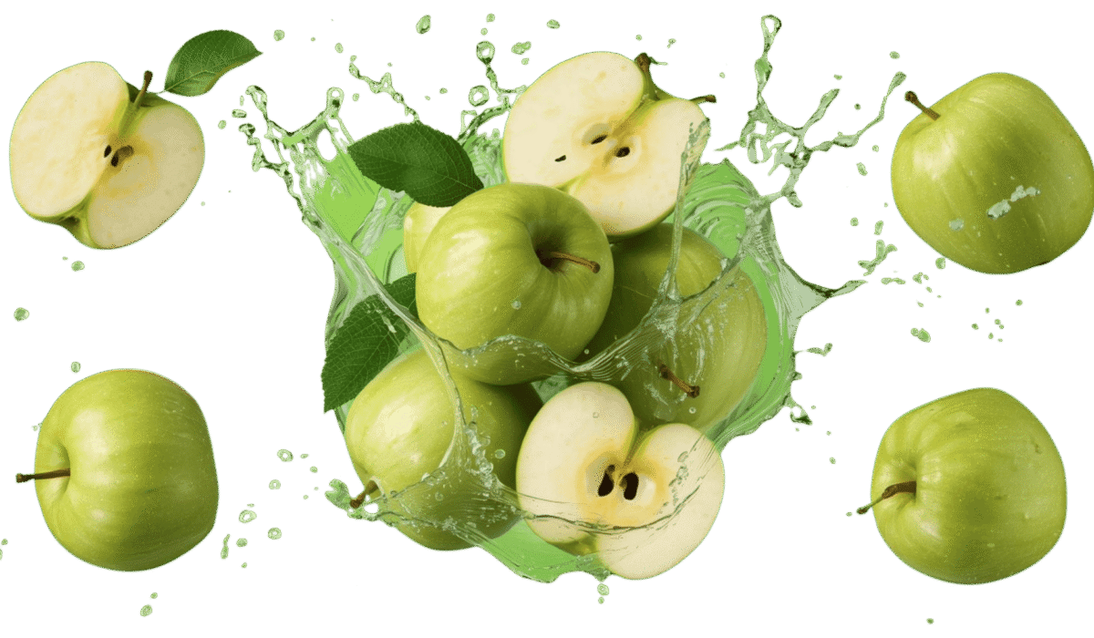 “Fresh green apples with sliced halves and water splash, isolated on a transparent background.”