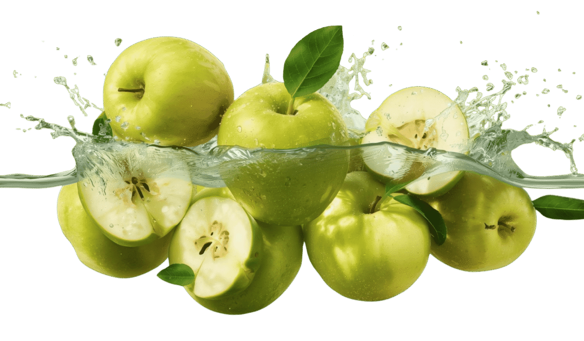 “Fresh green apples with sliced halves and water splash, isolated on a transparent background.”