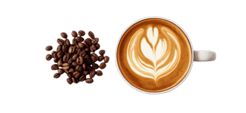 Top view of a latte coffee cup with heart-shaped latte art, placed beside a pile of roasted coffee beans on a plain background.