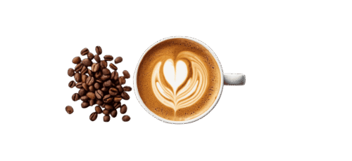 Top view of a latte coffee cup with heart-shaped latte art, placed beside a pile of roasted coffee beans on a plain background.