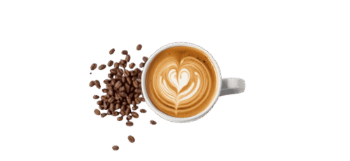 Top view of a latte coffee cup with heart-shaped latte art, placed beside a pile of roasted coffee beans on a plain background.