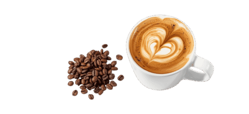Top view of a latte coffee cup with heart-shaped latte art, placed beside a pile of roasted coffee beans on a plain background.