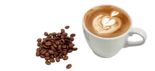 Top view of a latte coffee cup with heart-shaped latte art, placed beside a pile of roasted coffee beans on a plain background.