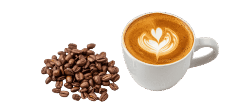 Top view of a latte coffee cup with heart-shaped latte art, placed beside a pile of roasted coffee beans on a plain background.