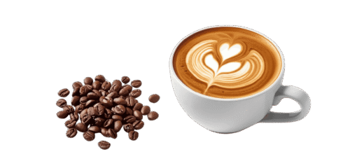 Top view of a latte coffee cup with heart-shaped latte art, placed beside a pile of roasted coffee beans on a plain background.
