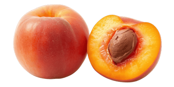 Two whole ripe peaches and one halved peach showing the pit and yellow flesh, resting on green leaves against a transparent background.